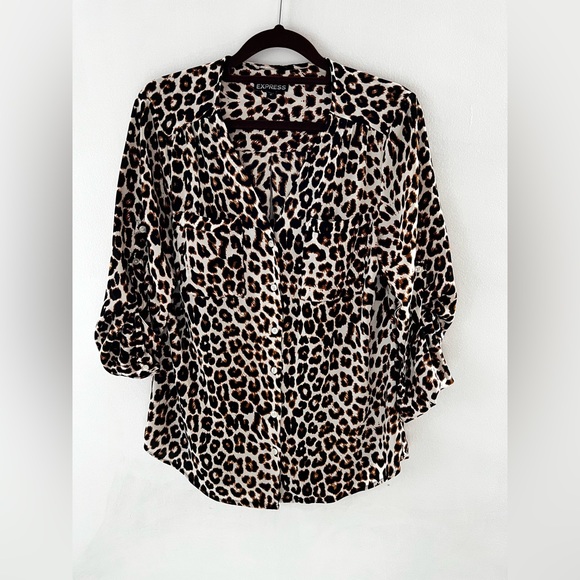 Express Tops - Leopard Print Express Button Up Shirt Small Round Neckline